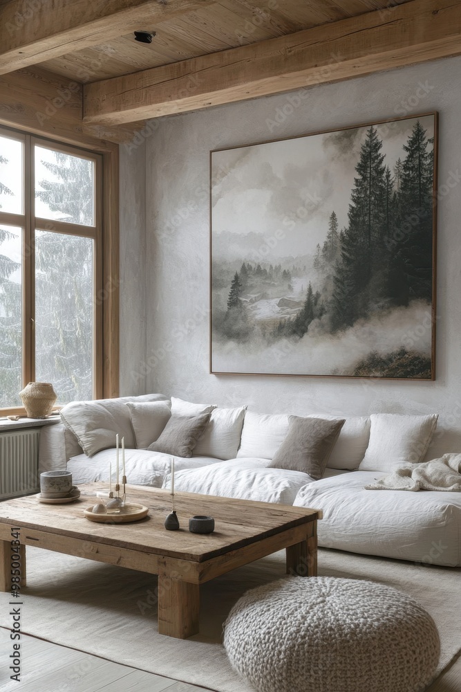 A cozy interior featuring a modern living room with a nature-inspired painting, showcasing soft textures and natural materials, ideal for decor inspiration or promoting relaxation products, A cozy interior featuring a modern living room with a nature-inspired painting, showcasing soft textures and natural materials, ideal for decor inspiration or promoting relaxation products,
