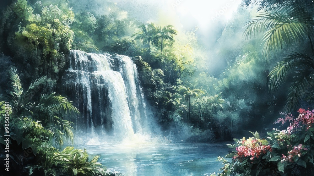 Discover a tranquil waterfall retreat in the jungle, surrounded by vibrant tropical plants and serene misty ambiance. Generative AI Discover a tranquil waterfall retreat in the jungle, surrounded by vibrant tropical plants and serene misty ambiance. Generative AI