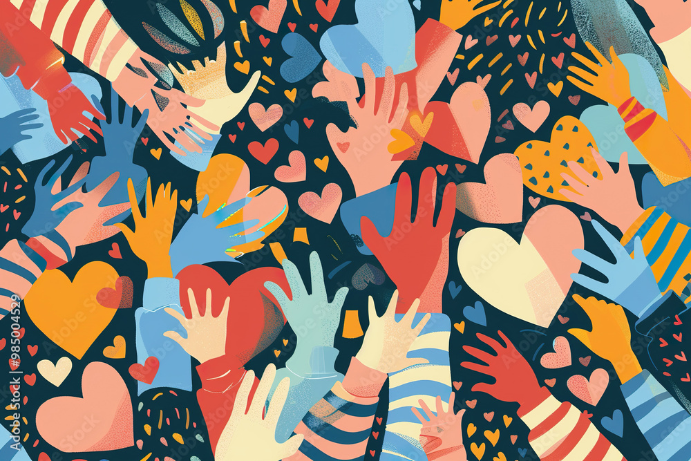 A group of people are holding hands and there are many hearts in the air, generative ai image., A group of people are holding hands and there are many hearts in the air, generative ai image.,