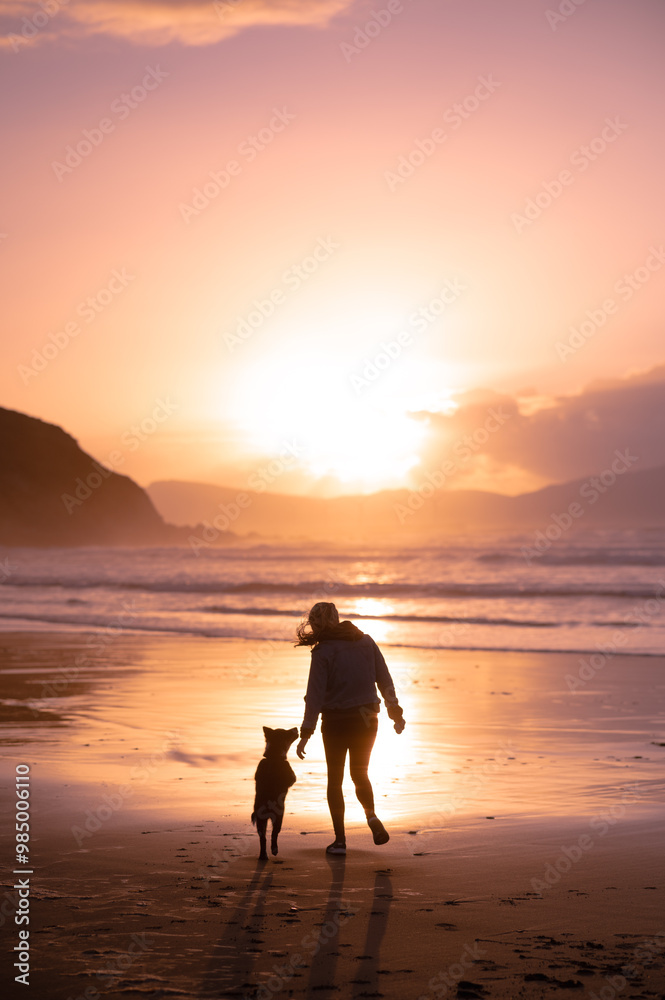 Obraz premium puppy running and a woman on the beach at sunset in the Basque Country