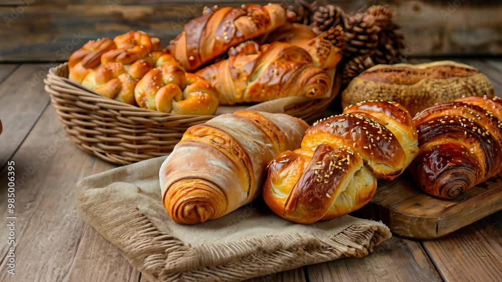 Delicious array of freshly baked pastries displayed on a rustic wooden table in a cozy bakery setting