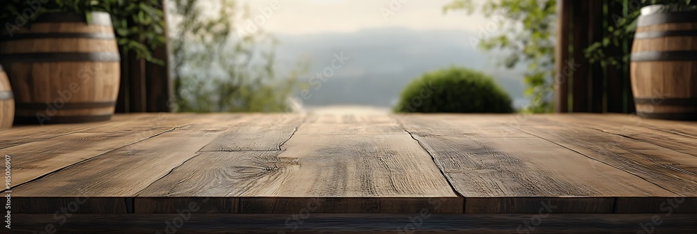 Fototapeta premium Wooden Table with Green Landscape Background