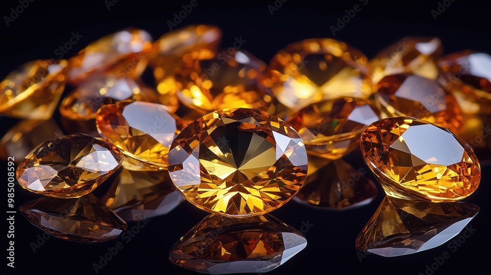 An array of citrine gemstones glimmers with golden-orange hues on a reflective black surface under warm lighting. Generative AI An array of citrine gemstones glimmers with golden-orange hues on a reflective black surface under warm lighting. Generative AI