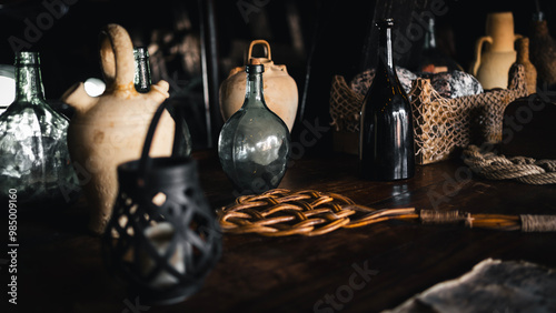 Tableau sur toile Botellas antiguas en mesa de madera