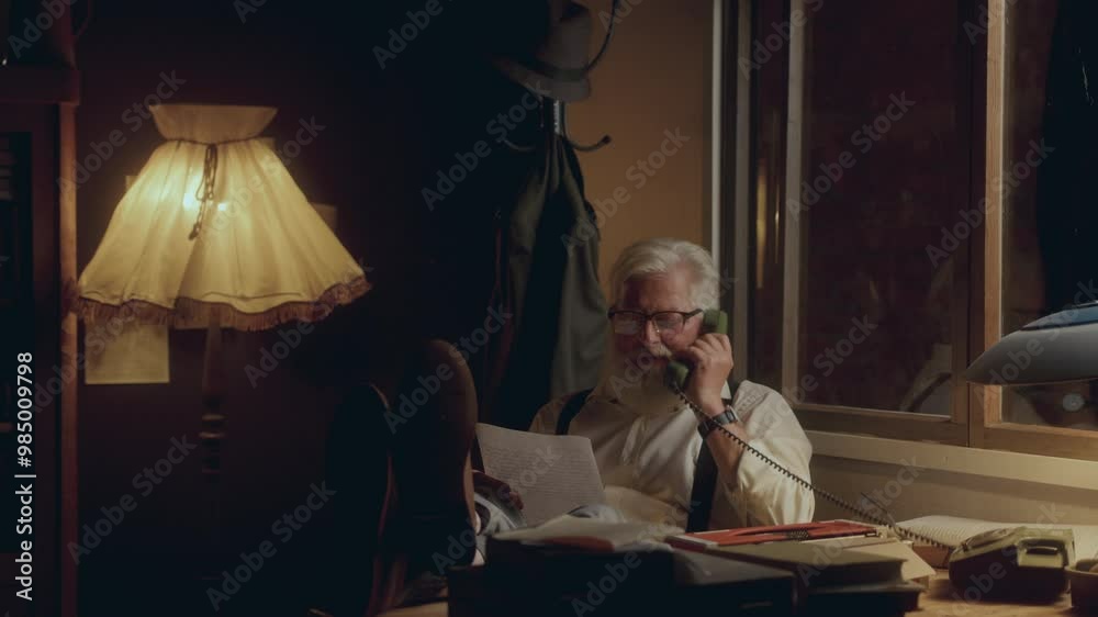 Elderly white-haired writer sitting with his feet up on desk, reading manuscript and talking on landline phone in cozy dimly lit room Elderly white-haired writer sitting with his feet up on desk, reading manuscript and talking on landline phone in cozy dimly lit room