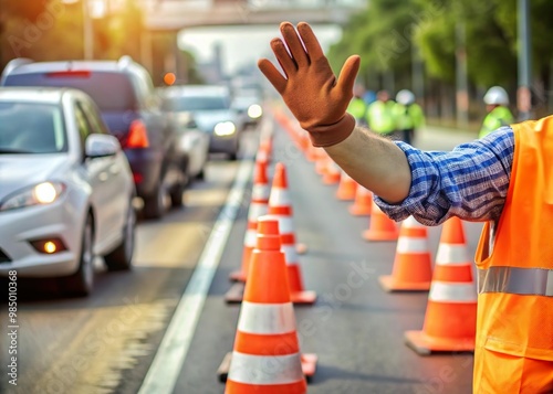 construction worker give stop signal to direct traffic on street