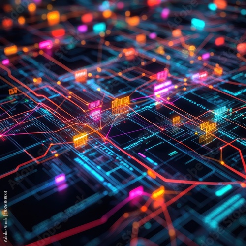 Abstract digital network with glowing lines and nodes representing data flow and connections.