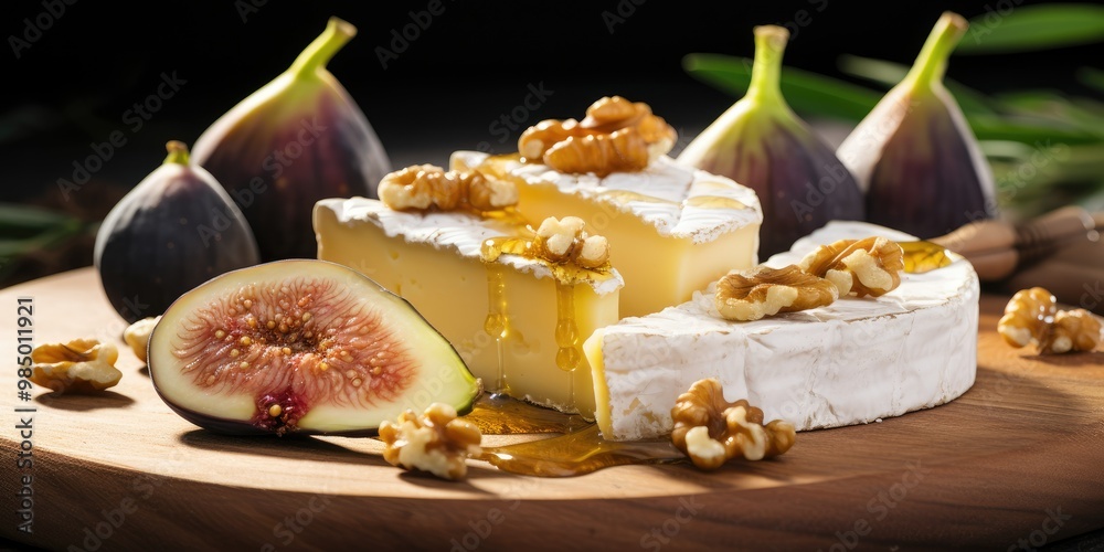 A slice of bread with figs, cheese, honey and walnuts for as a dessert or a snack with a lovely presentation on a wooden cheese board A slice of bread with figs, cheese, honey and walnuts for as a dessert or a snack with a lovely presentation on a wooden cheese board