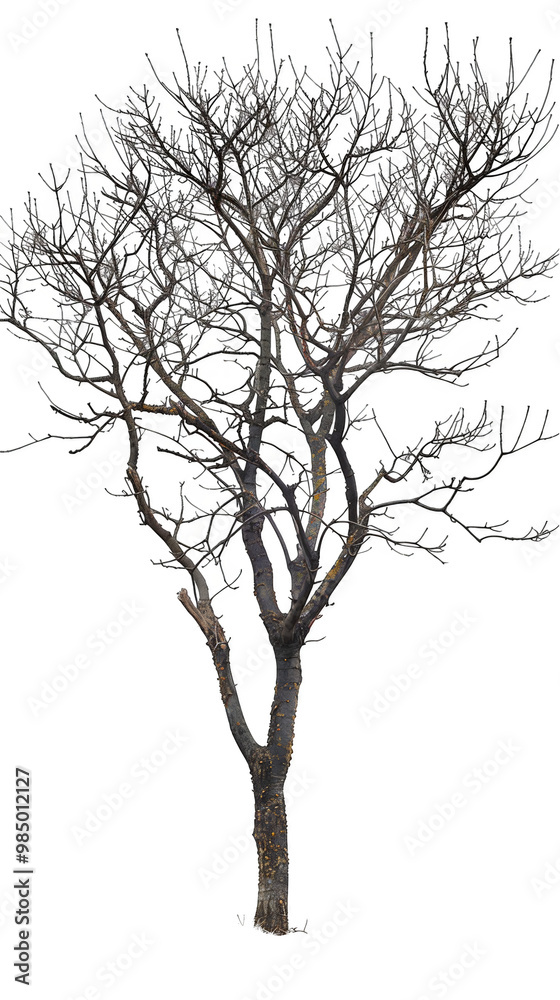 A bare tree with no leaves stands tall against a white background. The tree's branches are reaching towards the sky. A bare tree with no leaves stands tall against a white background. The tree's branches are reaching towards the sky.
