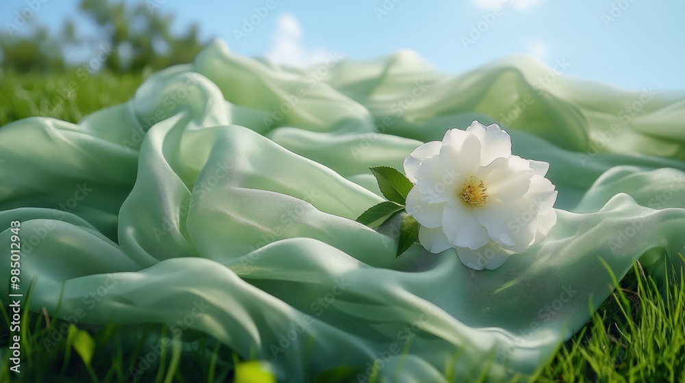 Delicate light green silk fabric draped on grass with a single white camellia under a bright blue sky at midday. Generative AI Delicate light green silk fabric draped on grass with a single white camellia under a bright blue sky at midday. Generative AI