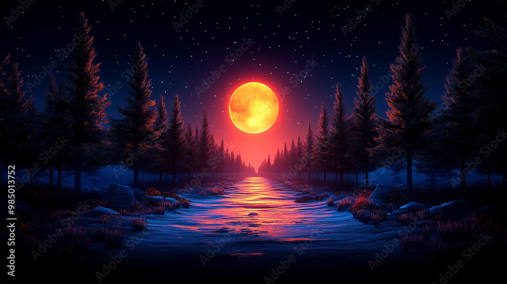 A Vibrant Full Moon Rises Over a Tranquil River Lined With Dark Pine Trees at Twilight A Vibrant Full Moon Rises Over a Tranquil River Lined With Dark Pine Trees at Twilight