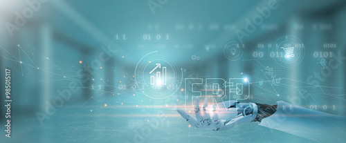 Wallpaper Mural ERP (Enterprise Resource Planning) : Integration, automation, scalability. Hands of robot hold ERP network, resource management, workflow optimization, data analytics, efficiency. Torontodigital.ca