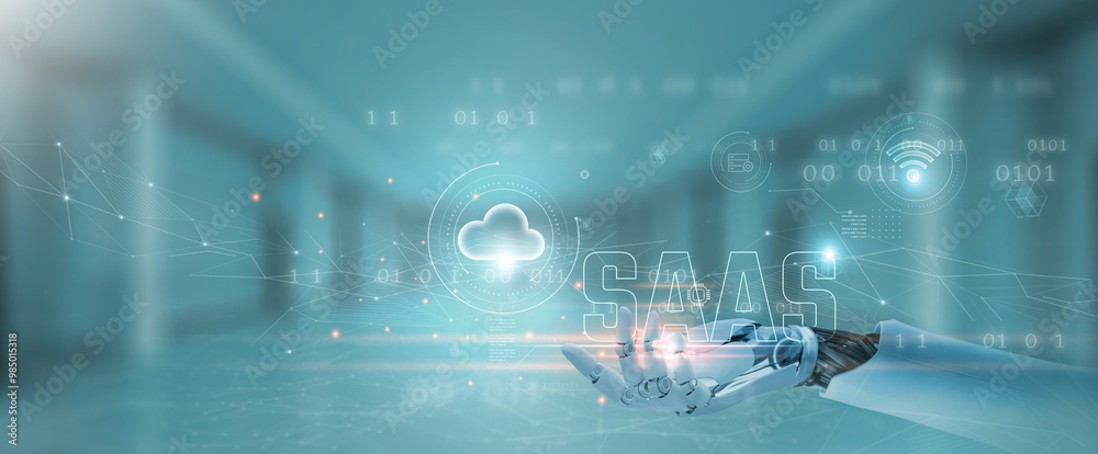 SAAS: Scalability, flexibility, accessibility. Hands of robot hold SAAS network, cloud computing, subscription model, user-friendly, collaboration. SAAS: Scalability, flexibility, accessibility. Hands of robot hold SAAS network, cloud computing, subscription model, user-friendly, collaboration.