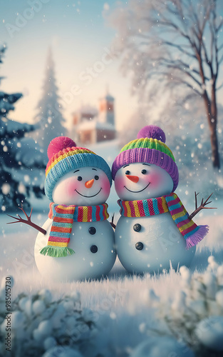 Adorable Winter Wonderland with Two Cute Snowmen in Colorful Knit Hats and Scarves, Falling Snowflakes, Soft Pastel Colors, and Cozy Festive Atmosphere - 3D Rendering