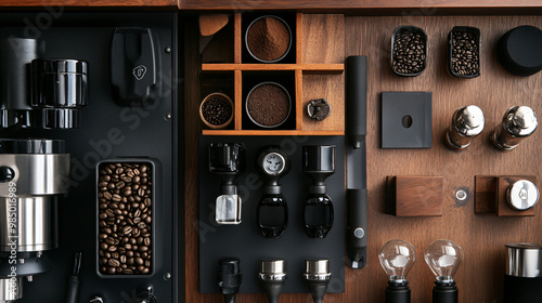 A detailed shot of a barista’s tools, including a coffee grinder, tamping station, and espresso machine.