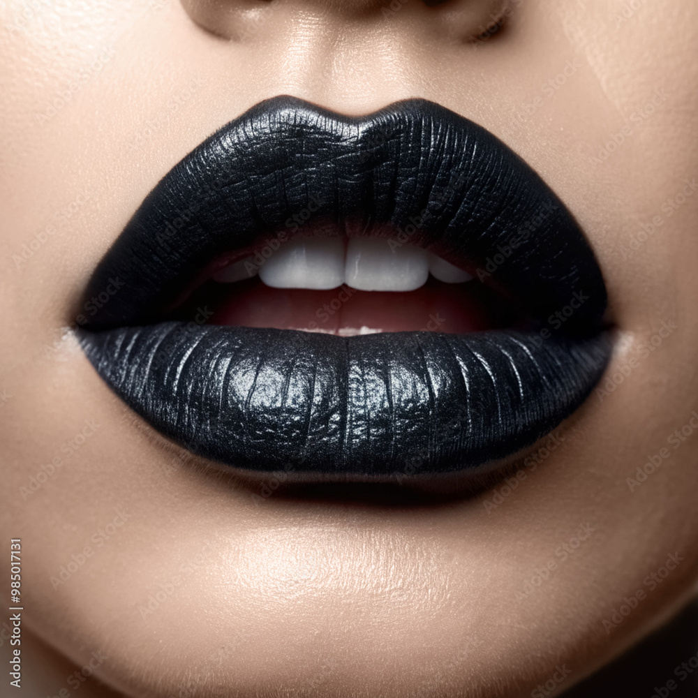 Fototapeta premium Close up of female plump lips with black lipstick