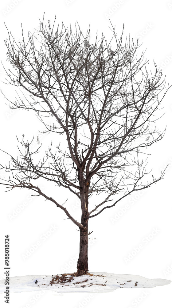 A bare tree with no leaves stands in a snowy patch of ground. It's a wintery scene with a cold feel. A bare tree with no leaves stands in a snowy patch of ground. It's a wintery scene with a cold feel.