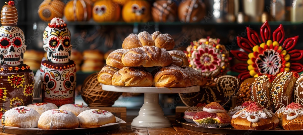 Colorful Pan de Muerto Display with Sugar Skulls and Decorative Bread for Day of the Dead Celebration Colorful Pan de Muerto Display with Sugar Skulls and Decorative Bread for Day of the Dead Celebration