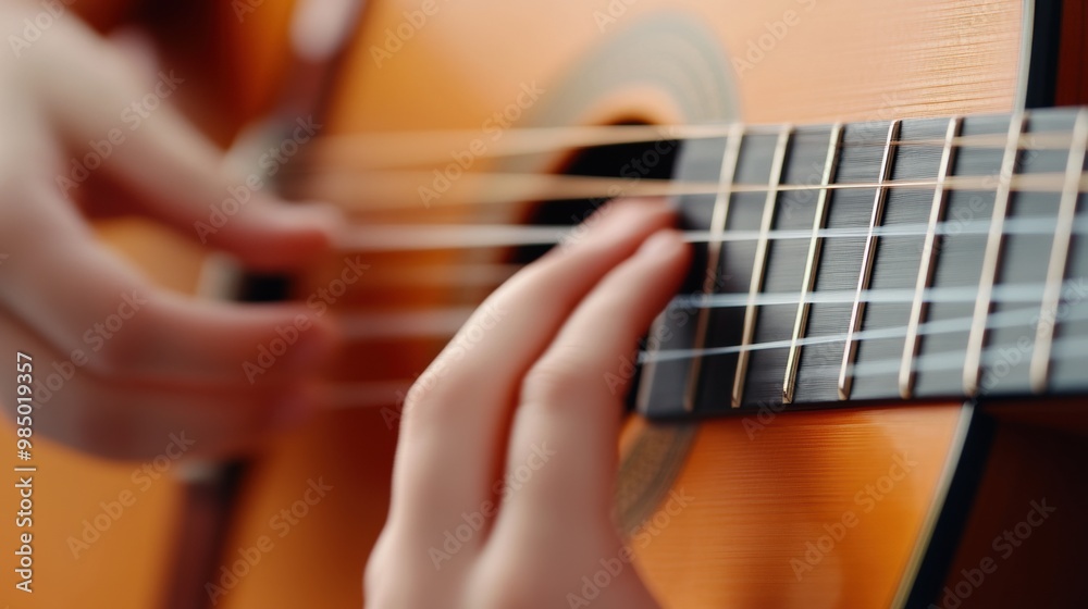 Fototapeta premium A close up of a person playing an acoustic guitar, AI