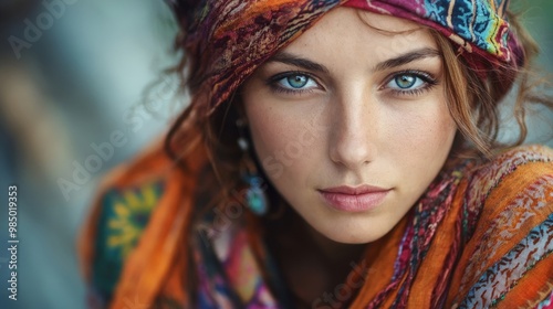 A woman with blue eyes wearing a colorful scarf.