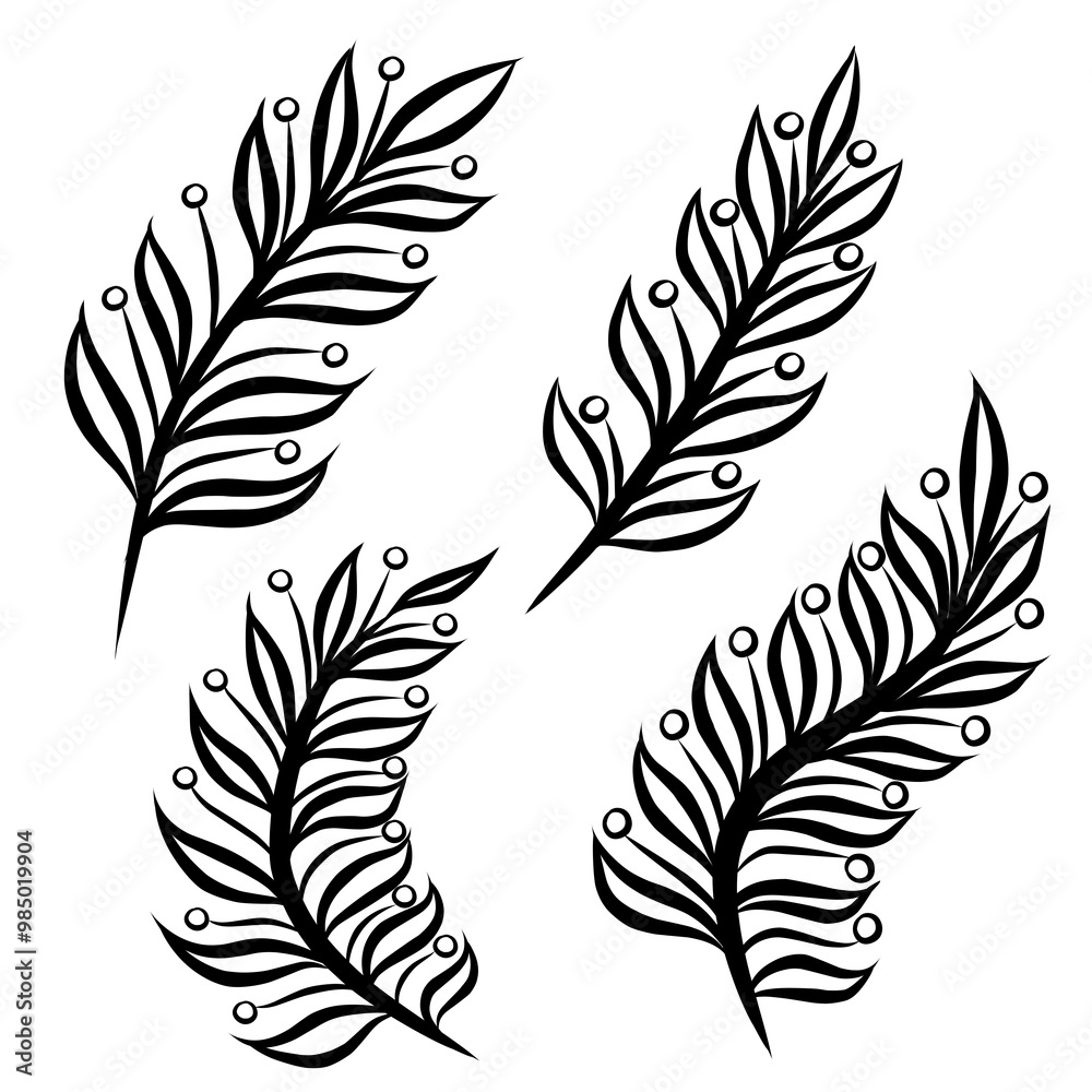 Obraz premium Set of black and white leaves elements vector illustration, minimalist botanical line drawn 