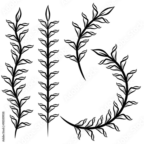 Set of black and white leaves elements vector illustration, minimalist botanical line drawn 