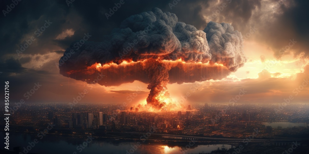 huge natural disaster or nuclear explosion mushroom cloud effect over city skyline for apocalyptical aftermath of nuclear attach. A mushroom cloud effect over the city skyline huge natural disaster or nuclear explosion mushroom cloud effect over city skyline for apocalyptical aftermath of nuclear attach. A mushroom cloud effect over the city skyline