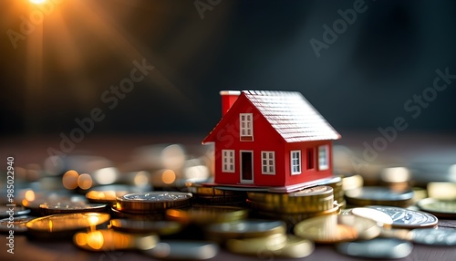 Red house model on stacks of coins representing real estate investment and financial stability in soft, ambient lighting photo