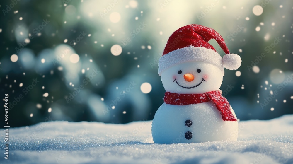 A cheerful snowman wearing a red Santa hat and scarf stands in a snowy landscape with falling snowflakes and a blurred forest background. A cheerful snowman wearing a red Santa hat and scarf stands in a snowy landscape with falling snowflakes and a blurred forest background.