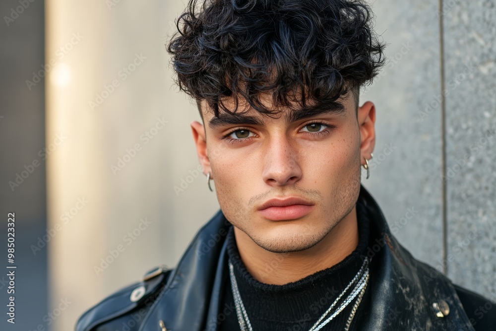 A stylish individual with curly hair and earrings presents a bold look in a leather jacket, standing in an urban environment A stylish individual with curly hair and earrings presents a bold look in a leather jacket, standing in an urban environment