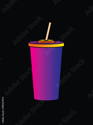 Fast food plastic cup with straw. Hot or cold drink. Original vector illustration in vintage style.