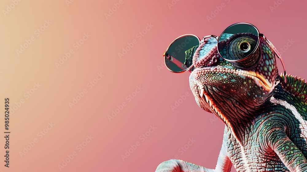 Chameleon wearing stylish sunglasses, set against a solid color background, with a minimal and abstract digital art style Chameleon wearing stylish sunglasses, set against a solid color background, with a minimal and abstract digital art style