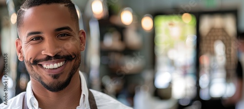 Modern Barbershop Banner Ad with Smiling Client and Inviting Design for Promotional Use