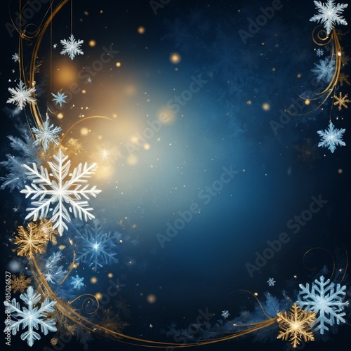 Swirling Snowflakes and Twinkling Lights on Deep Blues and Golds with a copy space: for seasonal greetings, card and postcards.