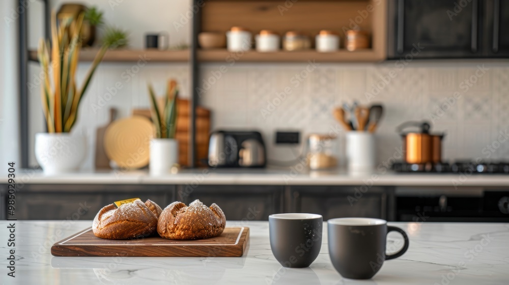 Modern Kitchen Counter with Pan de Muerto and Coffee Mugs - Perfect for Social Media Lifestyle Posts**