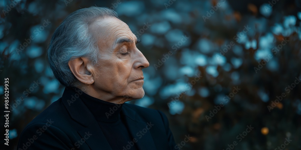 Side profile of a sophisticated elderly man with closed eyes, enjoying a breeze on a sunny day, near blooming flowers Side profile of a sophisticated elderly man with closed eyes, enjoying a breeze on a sunny day, near blooming flowers