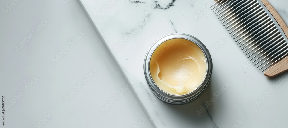 Minimalist Mustache Wax and Comb on Marble Surface for Grooming Product Advertisement Minimalist Mustache Wax and Comb on Marble Surface for Grooming Product Advertisement