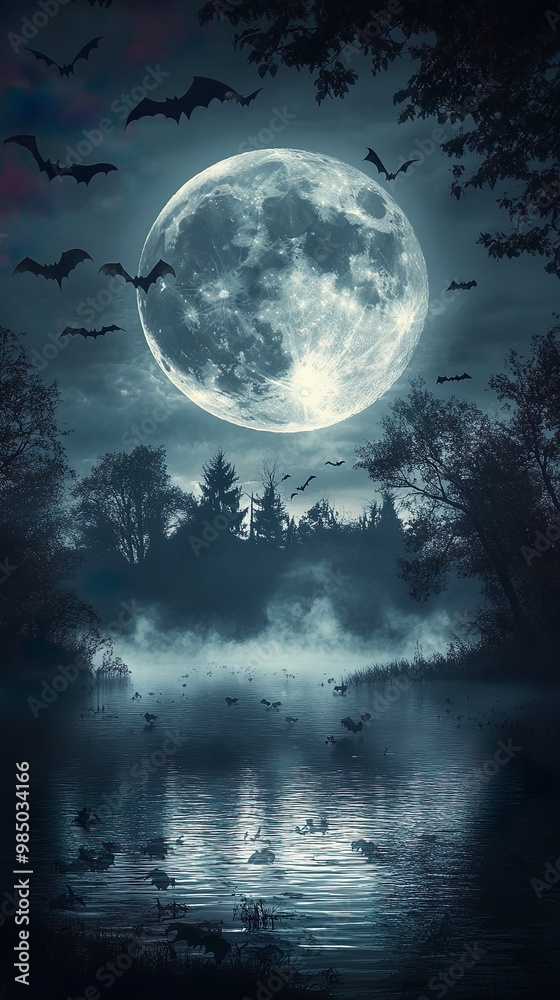 Chilling Halloween atmosphere with fog, flying bats, and haunting full moon picture Chilling Halloween atmosphere with fog, flying bats, and haunting full moon picture