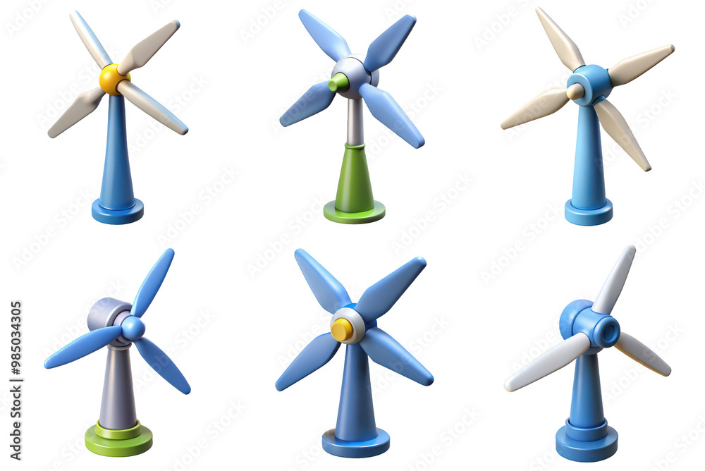 PNG wind turbine 3d collection, in cartoon style minimal on transparent, white background, isolate

