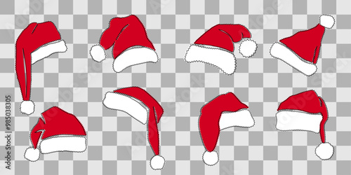 Set of Santa Claus Christmas hats. Festive headdresses with black stepped outline. Vector illustration on transparent background