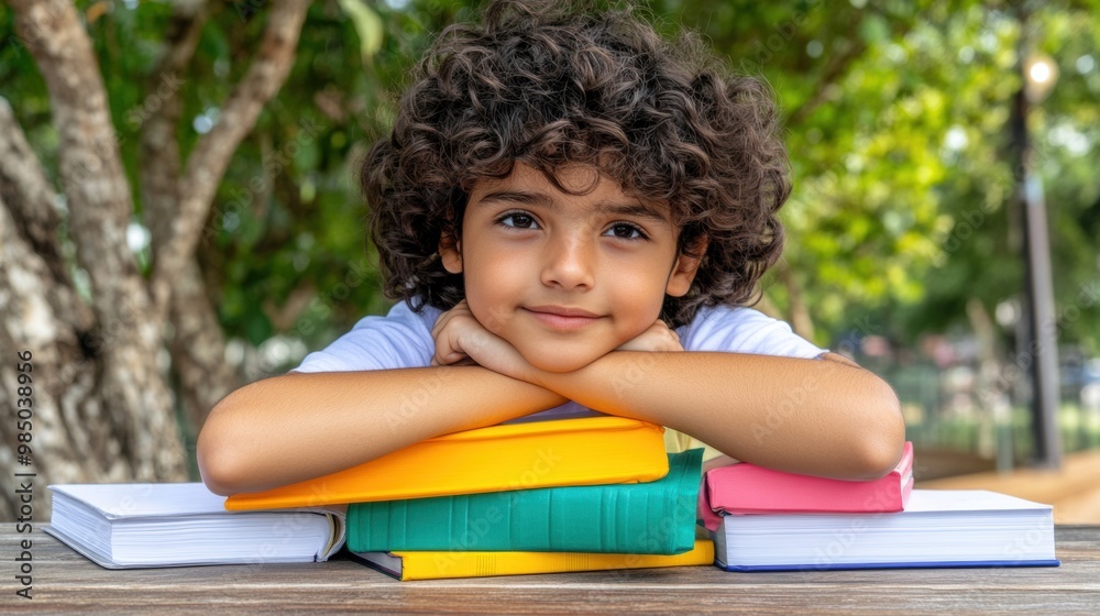 A young boy with curly hair sitting on top of a pile of books, AI A young boy with curly hair sitting on top of a pile of books, AI