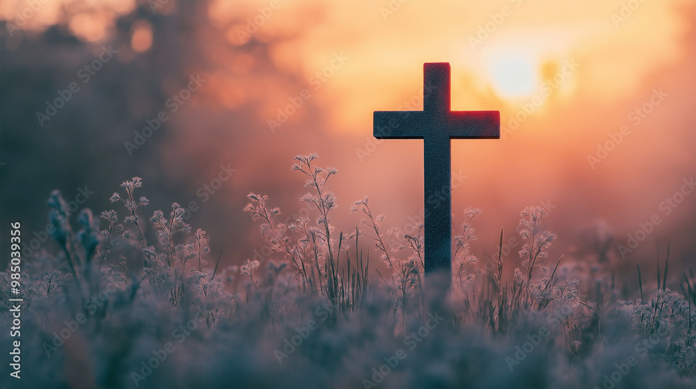 Cross in a field with flowers and soft sunset glow. Concept of faith, peace, and remembrance. Cross in a field with flowers and soft sunset glow. Concept of faith, peace, and remembrance.