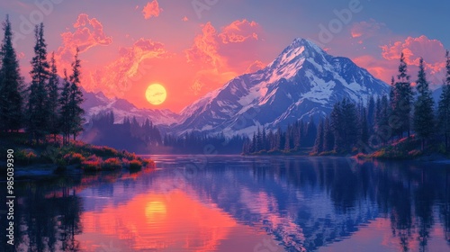 Mountain Lake Sunset with Reflection and Pine Trees