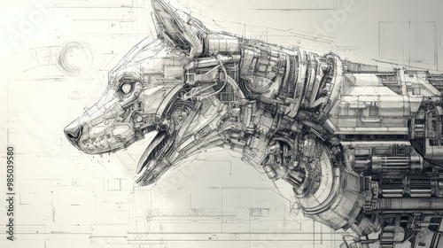 A detailed, mechanical drawing of a robotic dog's head with a futuristic design and intricate details.