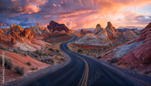 Valley of Fire, Sunset, Road in a desert, Nevada, Desert 