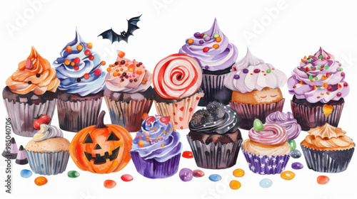 Candy bar with muffins and cupcakes decorated for Halloween party. Watercolor illustration.