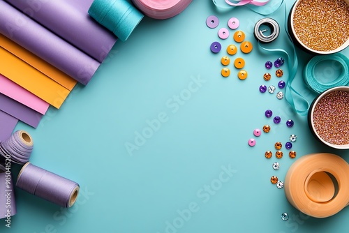 A flat lay of card-making supplies, including colorful cardstock, ribbon, glitter, and adhesive gems photo