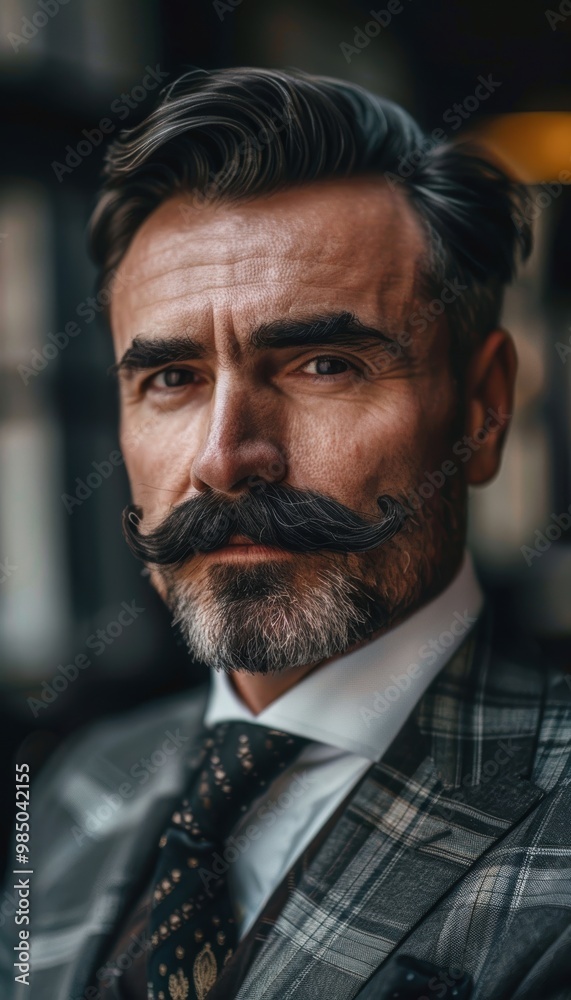 Stylish Man with Handlebar Mustache in Tailored Suit in Modern Urban Setting - High Resolution Close-Up