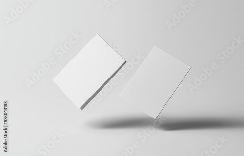 Two Blank Business Cards Floating in the Air on a White Background, Mockup Style