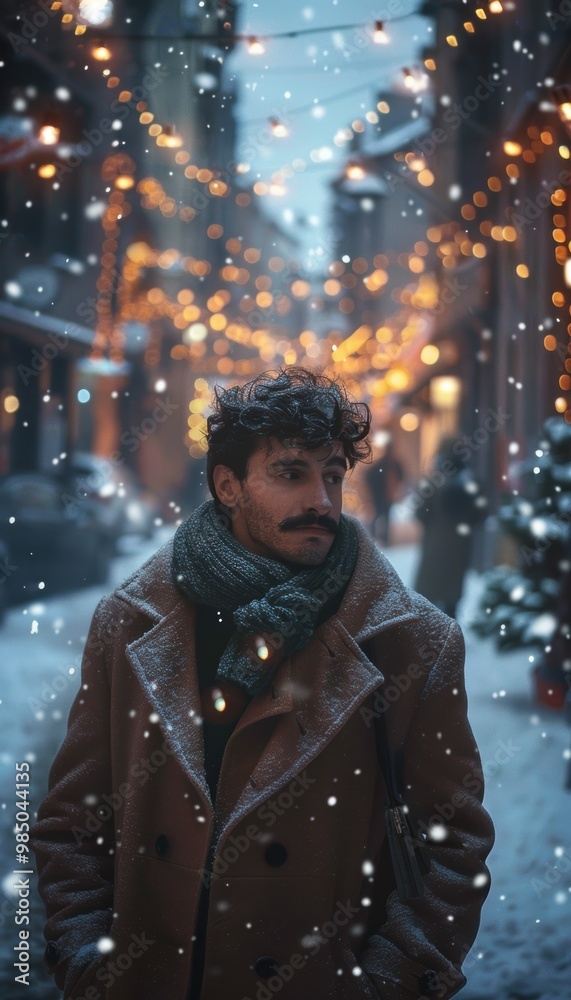 Cozy Winter Street Scene with Man in Wool Coat and Festive Holiday Lights at Dusk Cozy Winter Street Scene with Man in Wool Coat and Festive Holiday Lights at Dusk
